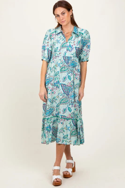 Refresh your wardrobe with stylish women’s outfits   Aqua Paisley Collared Ruffle Hem Midi Dress