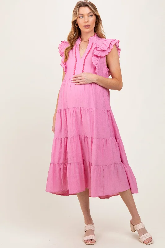 Stylish and comfortable outfits for women   Pink Scallop Detail Tiered Maternity Midi Dress