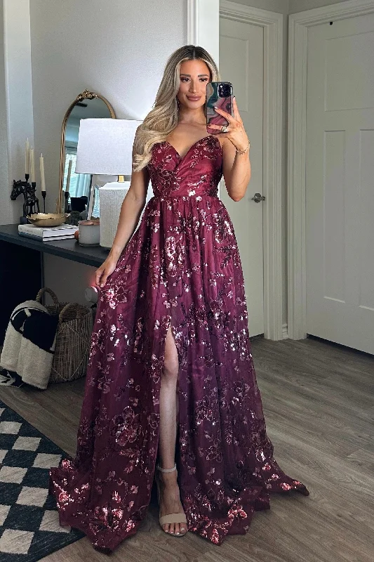 Elegant and comfortable women’s fashion wear   Maya Sequin Open Back Maxi Dress: Burgundy