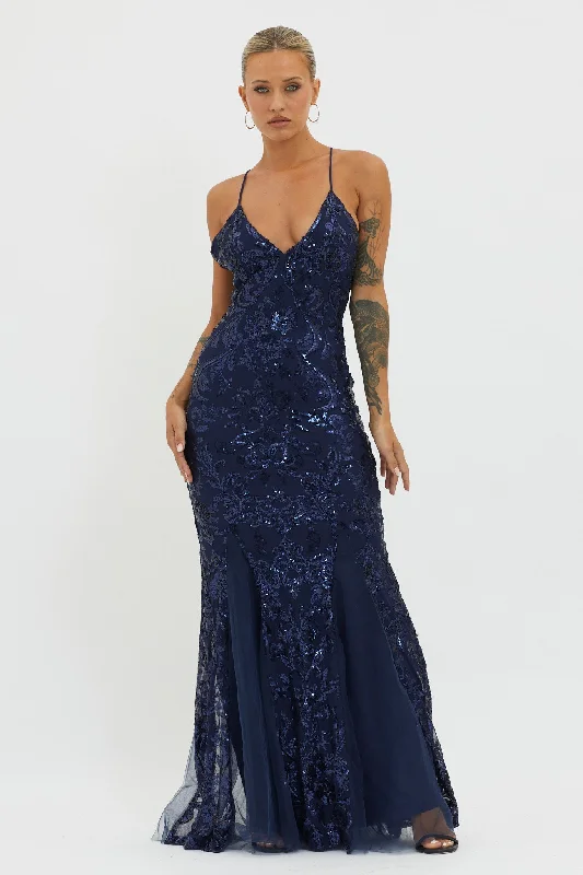 Uncover unique pieces for your perfect wardrobe   Serenade Song Godet Hem Sequin Maxi Dress Navy
