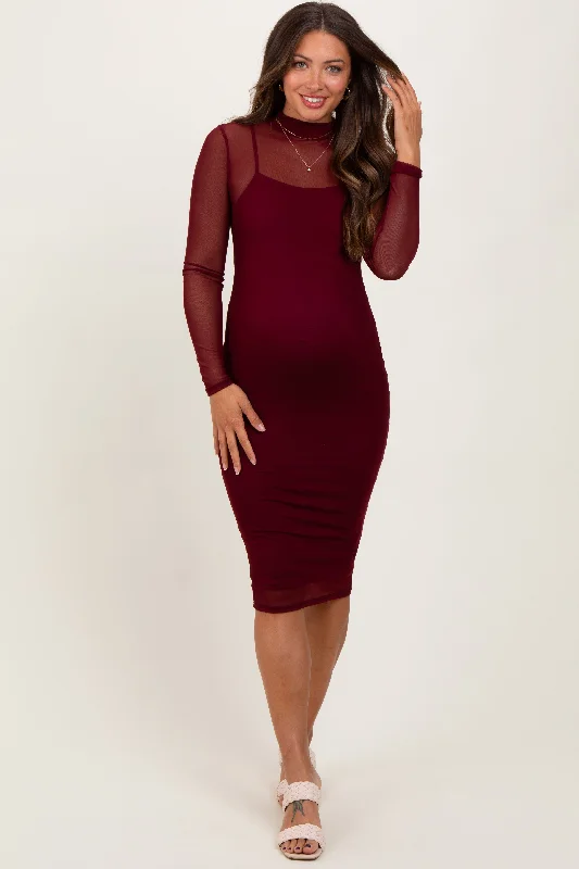 Iconic women’s outfits that never go out of style   Burgundy Mesh Overlay Long Sleeve Maternity Midi Dress