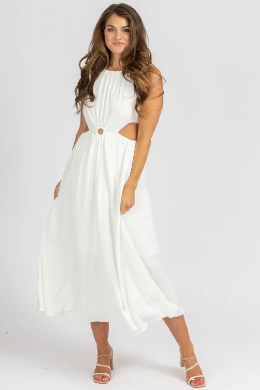 Women’s clothing that fits your personality and style   WHITE O-RING OPEN SIDE MIDI DRESS