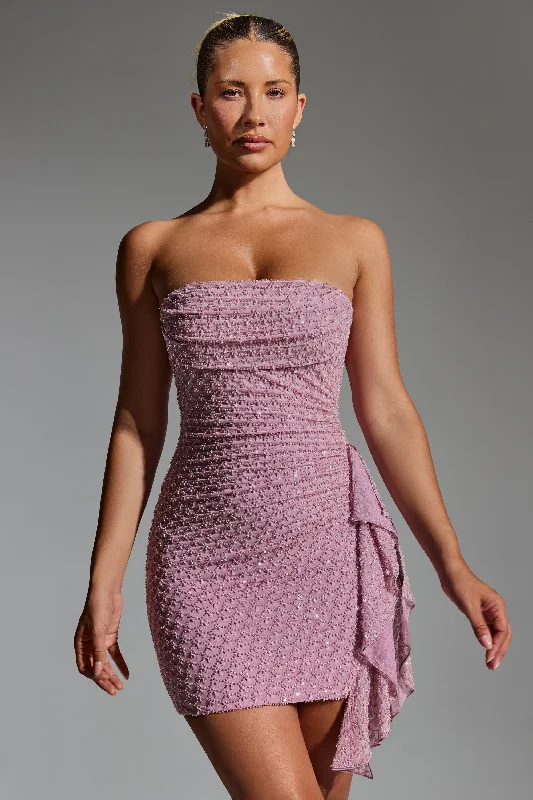 Classic pieces for a timeless wardrobe   Embellished Ruffled Cowl-Neck Bandeau Mini Dress in Mauve