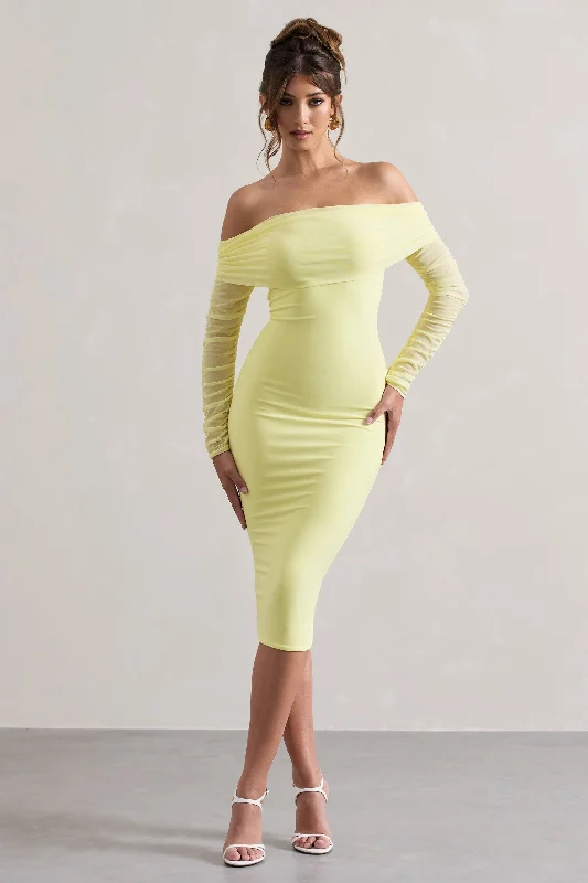 Timeless clothing pieces every woman should own   Only You | Lemon Ruched Mesh Bardot Midi Dress