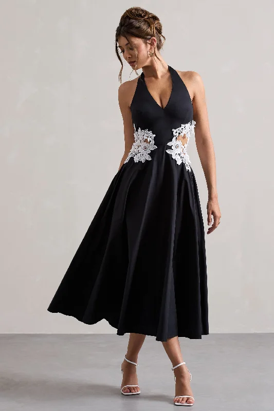 Women’s clothing that combines comfort and style   Windermere | Black Plunge Midi Dress With Floral Cut-Out