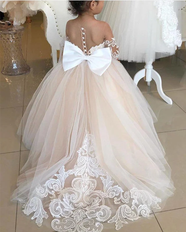Statement pieces for the confident woman   Illusion Long Sleeves Princess Ball Gown Flower Girl Dresses Lace Train