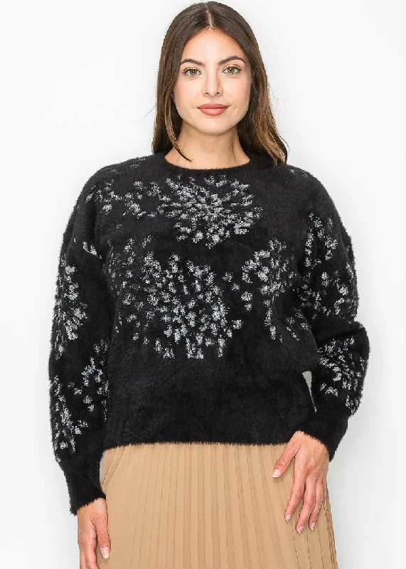 Iconic women’s outfits that never go out of style   Black Fuzzy Sweater with Silver Accents