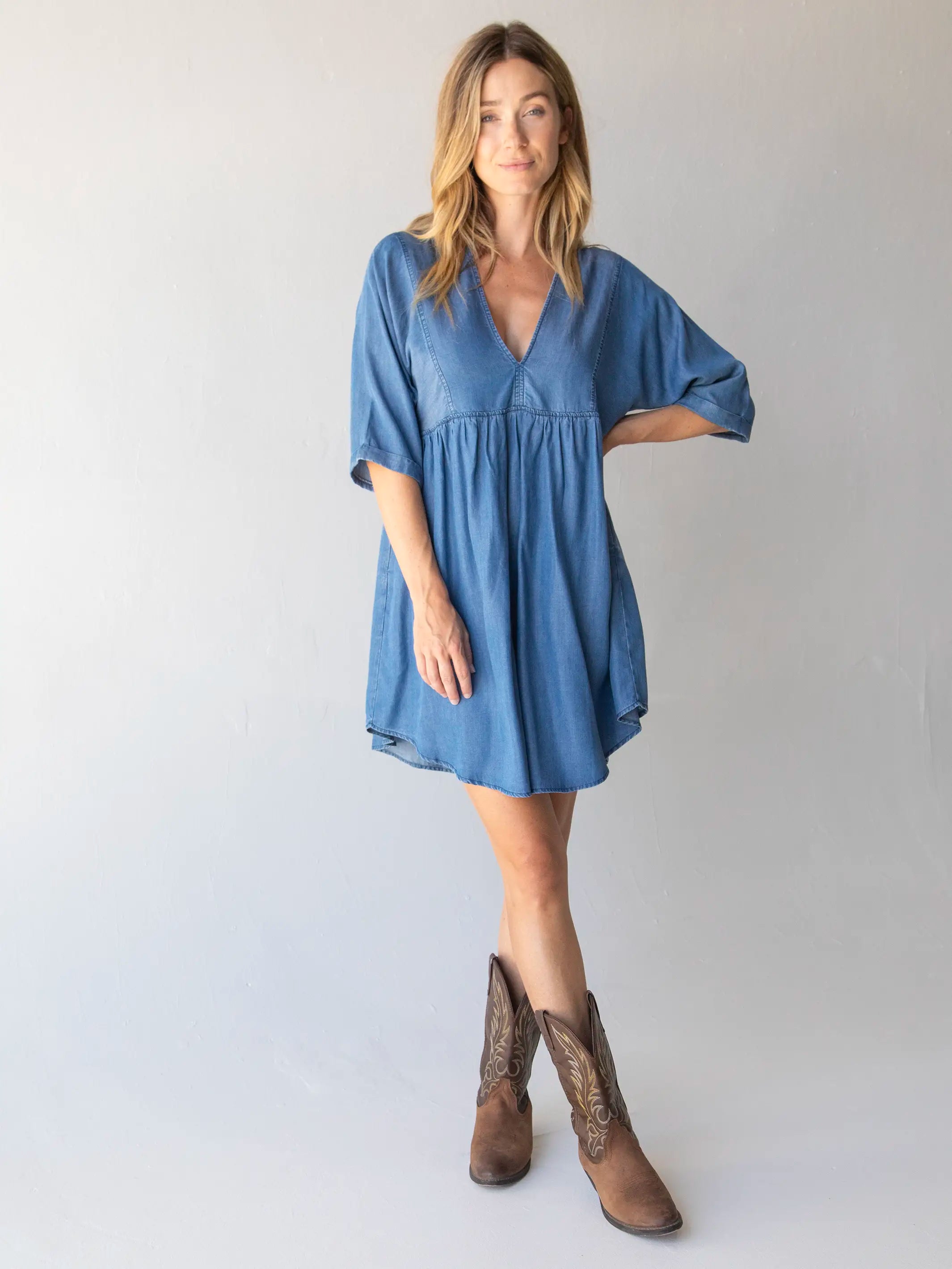 Affordable fashion that looks high-end   Stella V-Neck Mini Dress - Denim Blue