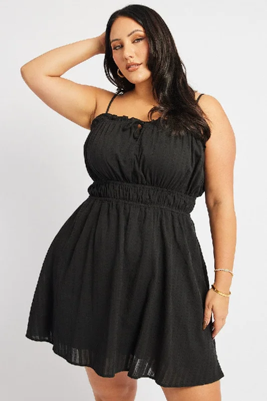 Women’s clothing to inspire confidence and beauty   Black Textured Tie Shoestring Strap Minidress