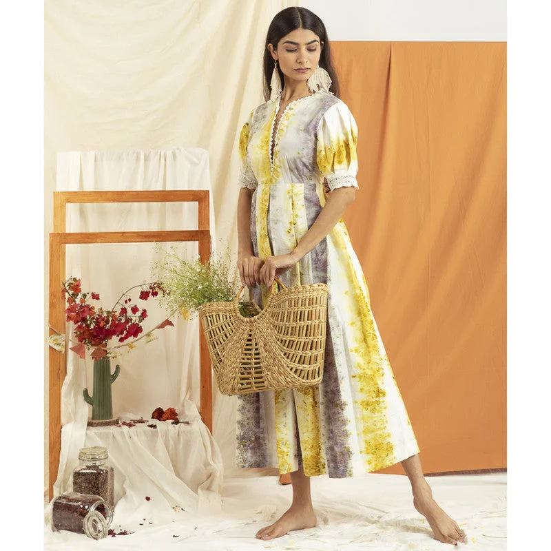 Elegant evening wear for special events   Cotton Puffed Sleeve Dress | Yellow & White