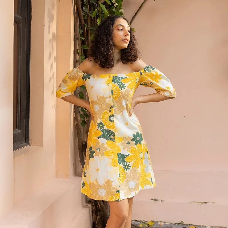Versatile fashion options for every occasion   Organic Cotton Short Dress for Women | Off-Shoulder | Yellow Print