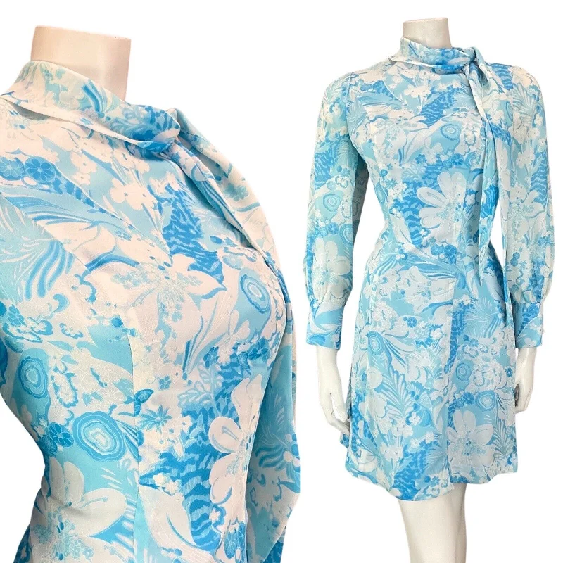 Stylish women’s clothing designed for comfort   VINTAGE 60s 70s LIGHT BLUE WHITE FLORAL SWIRL PUSSYBOW SHEER SKATER DRESS 8 10