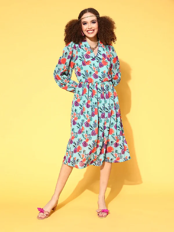 Statement pieces for the confident woman   Women Blue Floral Volume Play Dress