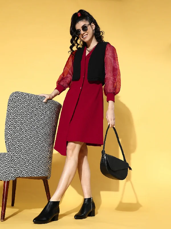 Stylish plus-size clothing for women   Women Charming Maroon Solid Volume Play Dress