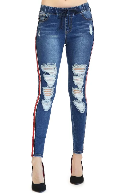 Refresh your wardrobe with trendy women’s apparel   Women's Ripped Denim Jogger with Stripe